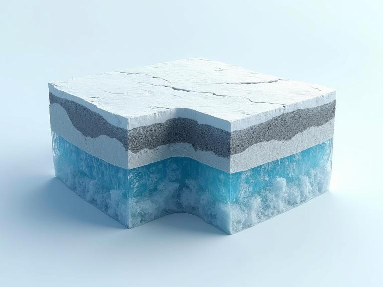 Cross-section of Antarctic ice block showing sedimentary layers including dust volcanic ash compacted snow. Semi-transparent details of internal strata and air bubbles.