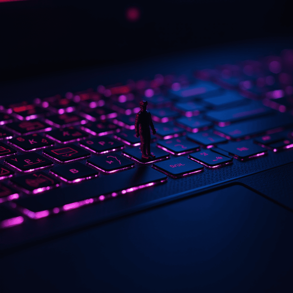 A small figurine standing on a backlit keyboard under purple lighting.