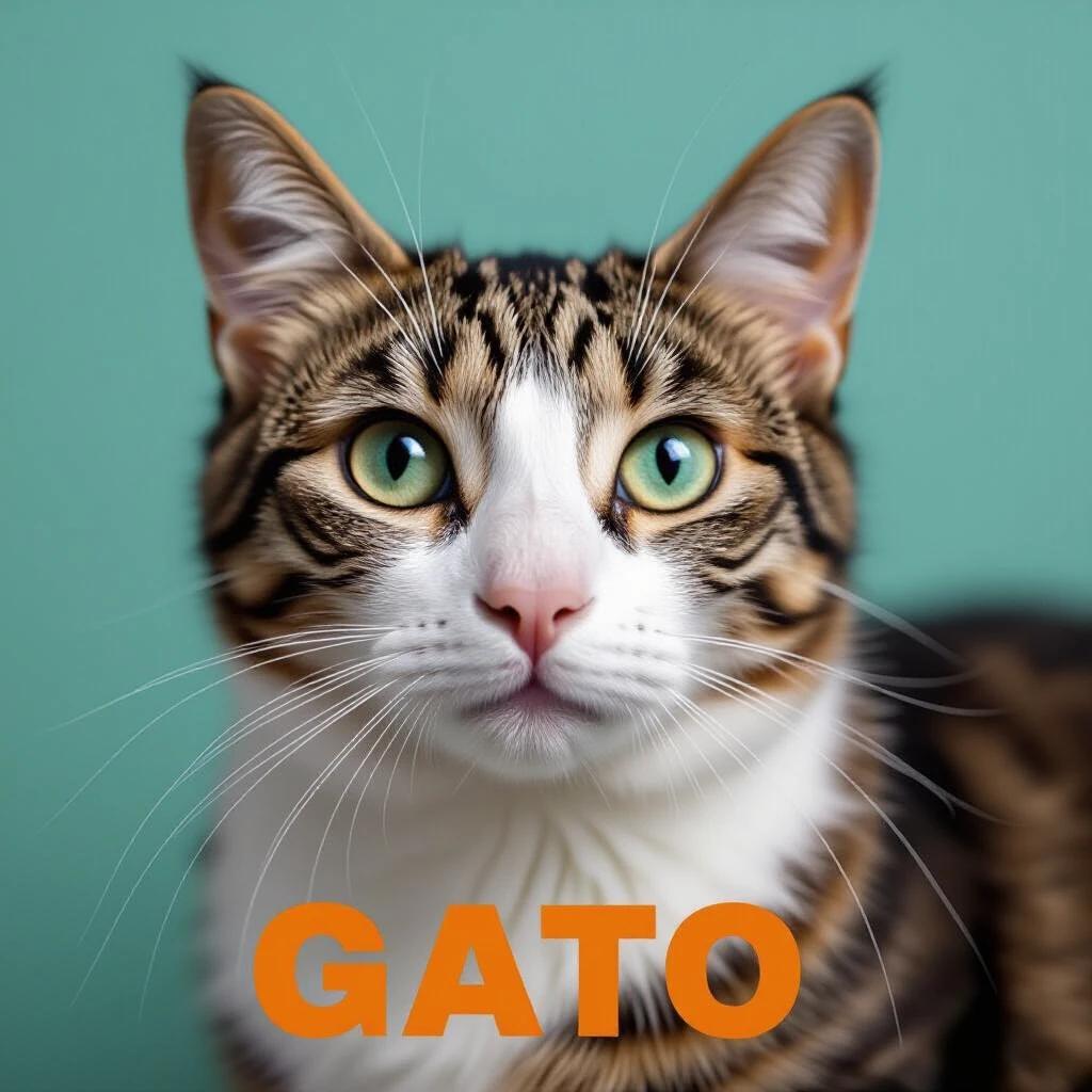 A cat with green eyes and distinctive markings poses for a portrait against a solid green background with the word 'GATO' in bold orange letters.