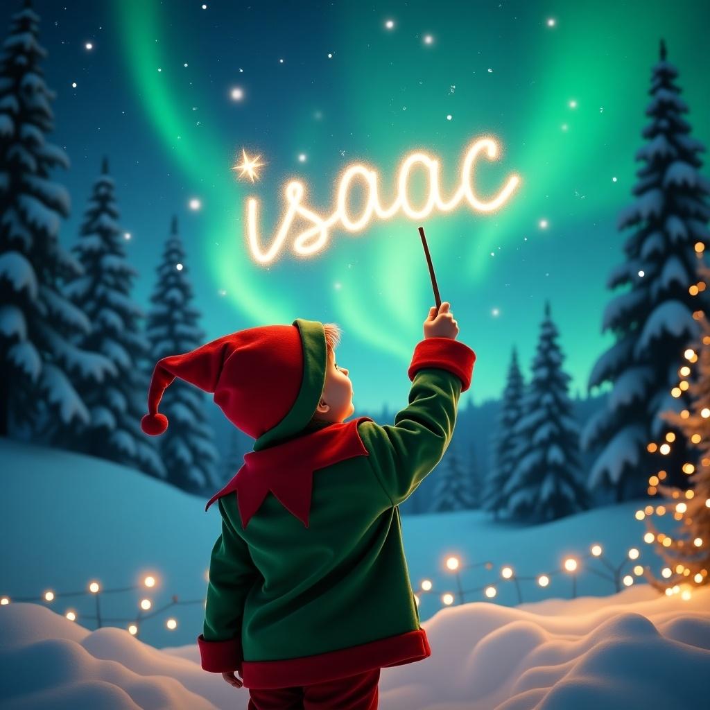 A cheerful scene featuring a child in an elf costume, gazing at the night sky. The child uses a wand to spell the name 'isaac' in sparkling letters. The backdrop shows stunning northern lights illuminating a snowy landscape filled with evergreen trees. Glowing fairy lights adorn the foreground, adding to the holiday charm. The atmosphere is magical and festive, evoking memories of joyful celebrations. Perfect for the holiday season, this image captures the essence of childhood wonder and imagination.