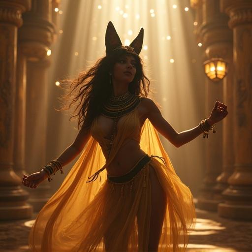 Historically accurate depiction of Egyptian goddess Bastet dancing energetically. Setting is an underground rave with vibrant atmosphere. Goddess is adorned in traditional garb. Setting immersed in dramatic lighting effects.
