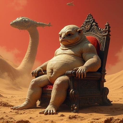 Grotesque sci-fi creature resembling capybara as Baron Harkonnen. Massive bloated form with pale skin on an ornate throne. Background features desert planet Arrakis with a giant sandworm and ornithopter in red sky. Biomechanical horror style. 8K resolution.