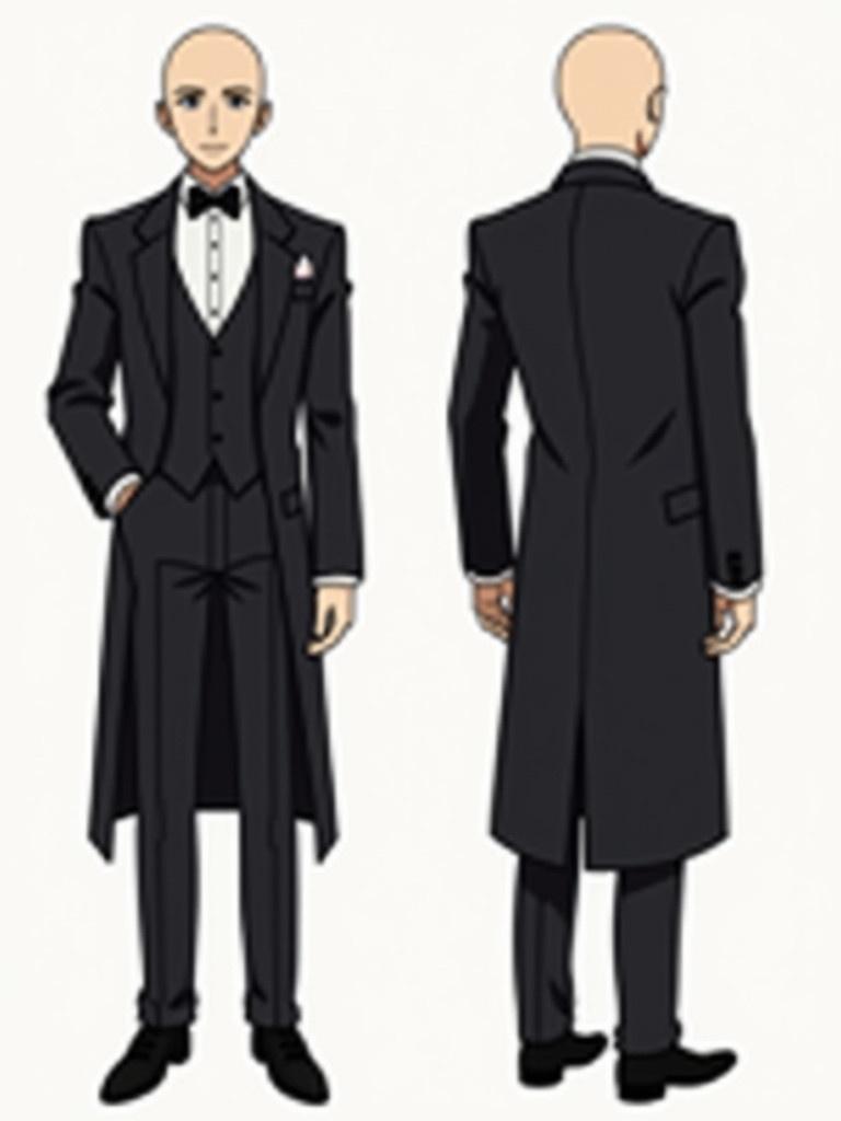 Character sheet showcases a suited figure from three angles. The character has a round face and a kind expression, wearing a tailored dark frock coat, high-collared shirt, and a bowtie. The suit is ultra-detailed with structured design, showing elegance and sophistication.