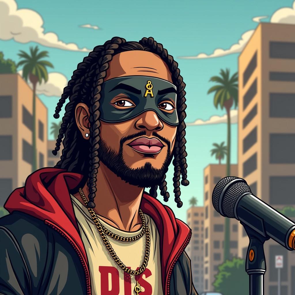 Cartoon rapper in a black hoodie with braids. Background shows Los Angeles cityscape. Music blog theme with elements of hip hop culture. City view and vibrant colors enhance the energy of the design.