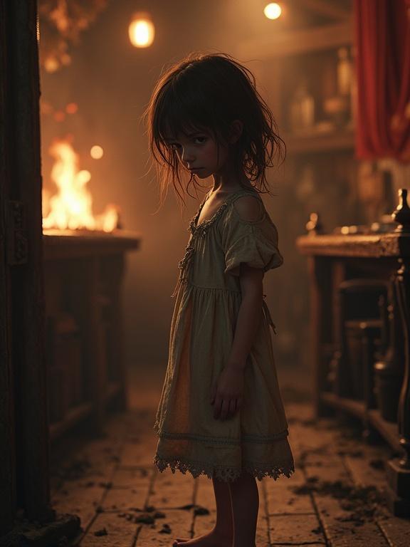Photorealistic image of a cute teenage girl with messy brown hair and light violet skin. She has dark red eyes and an emaciated body. Wearing a simple tattered tavern dress and barefoot. The girl looks down while standing in a rundown tavern. The scene is dimly lit by torchlight, enhancing the high fantasy aesthetic.