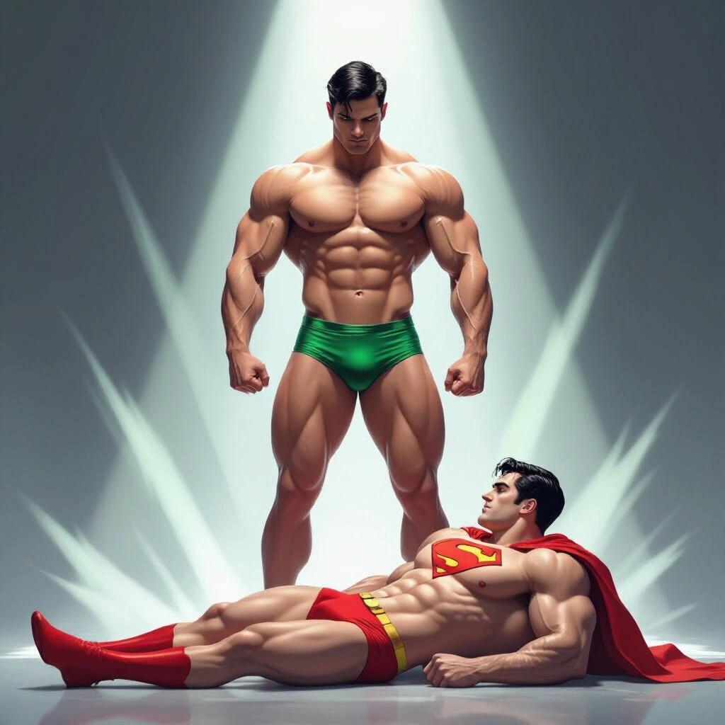Powerlifter standing over Superman. Powerlifter wears shiny green briefs. Superman in red briefs lies on the ground. Dramatic lighting creates a powerful scene.
