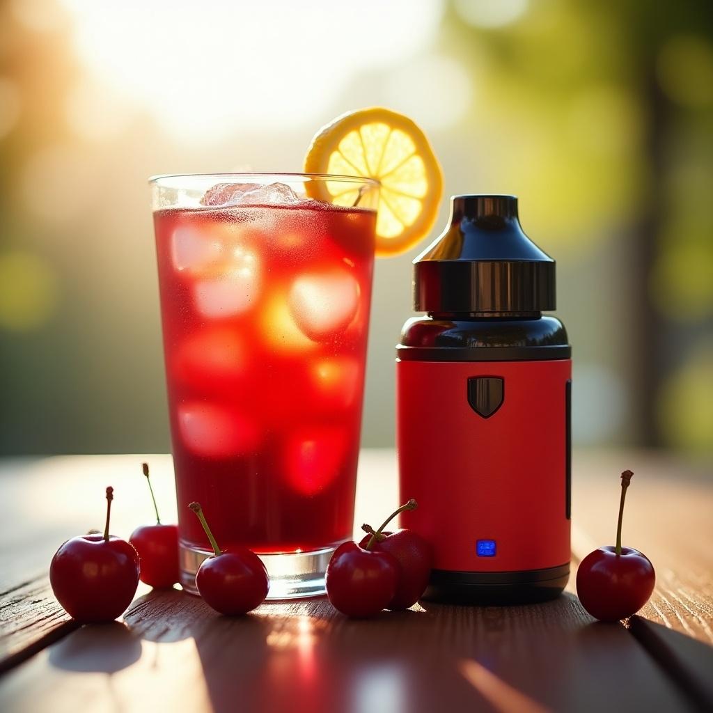 A cherry cola vape with a glass of cherry cola on a wooden table. The drink has ice and a lemon slice. A vape device is next to the drink. The setting is outdoors with soft light.