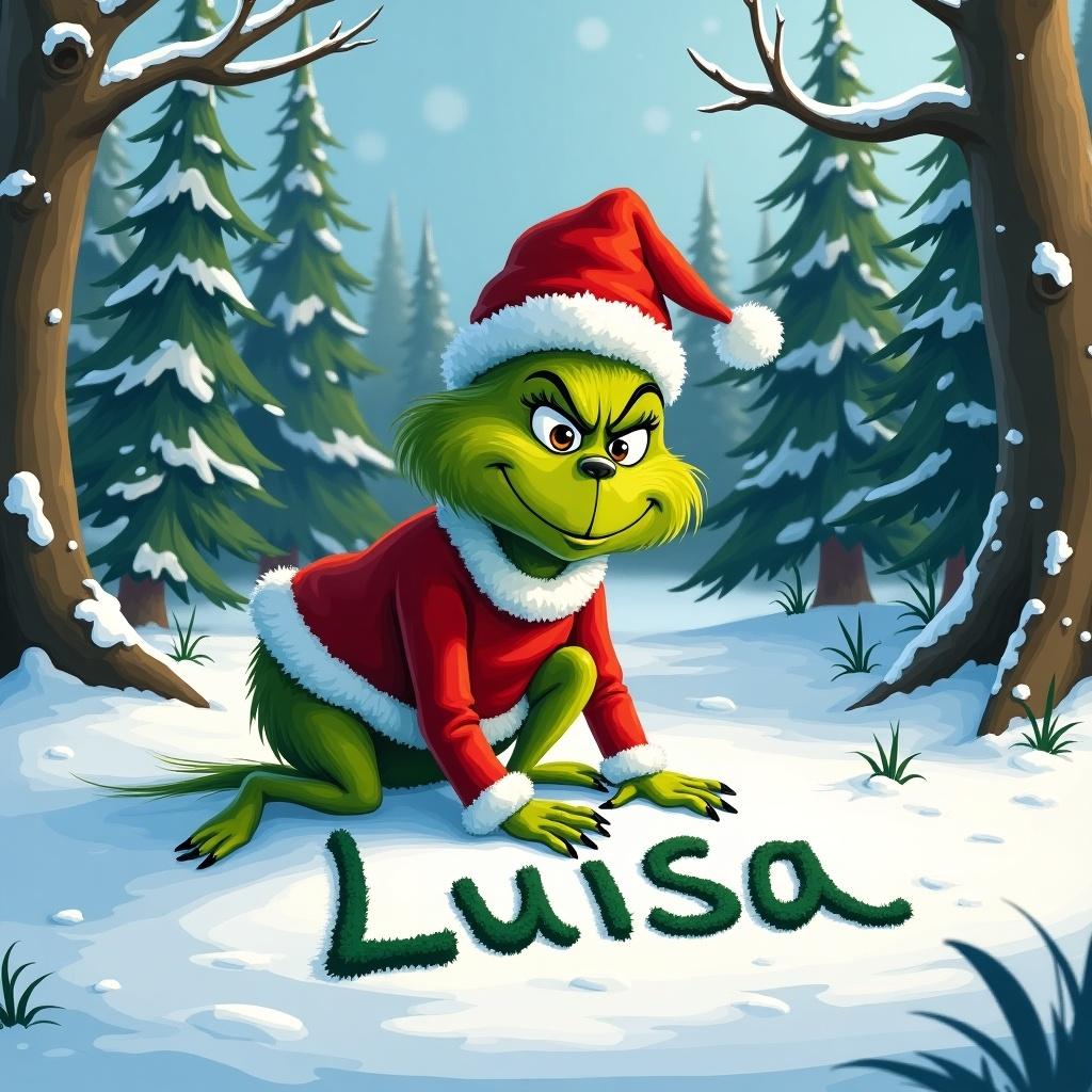 A young Grinch character wearing a Santa hat writes 'Luisa' in the snow. The setting features snowy woods and Christmas trees. Bright and colorful atmosphere enhances the festive vibe.