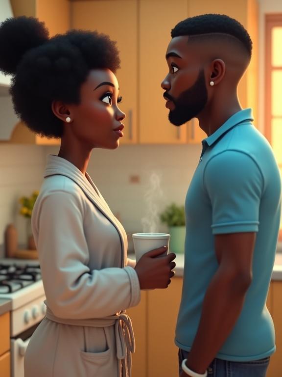 A digital artwork featuring a 28-year-old African woman with short natural hair and expressive eyes wearing a morning robe. A 35-year-old African man, clean-shaven with low-cut hair, is dressed in a short-sleeve sky blue shirt and jean shorts. They stand in a kitchen with coffee steam rising between them. The woman confronts the man, who looks surprised then soft. Bright colors and soft lighting are used, with an ultra-realistic style reminiscent of video game art.