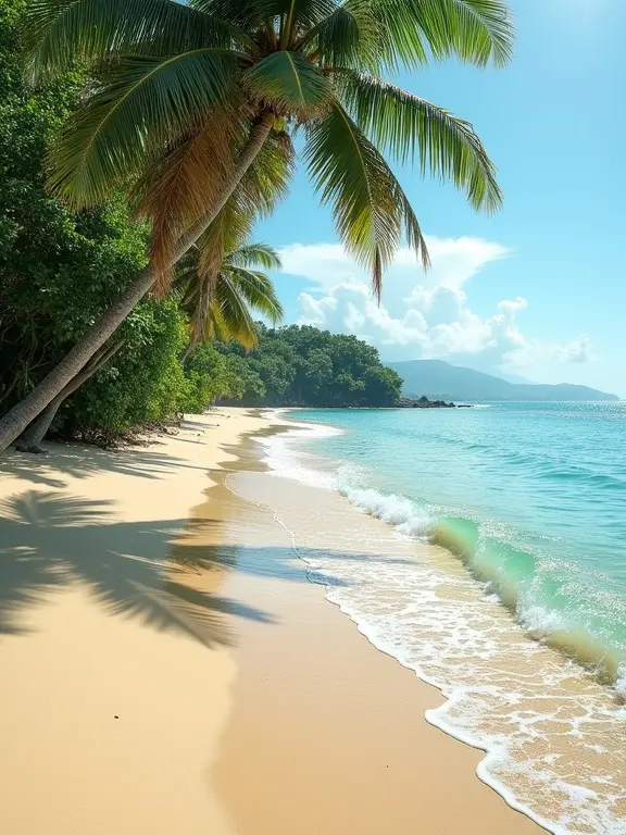 Tropical beach with gently curving shoreline and clear blue ocean. The sand is light beige, meeting waves that create frothy foam. Tall palm trees with green fronds frame the scene. The sky is bright blue with fluffy clouds.