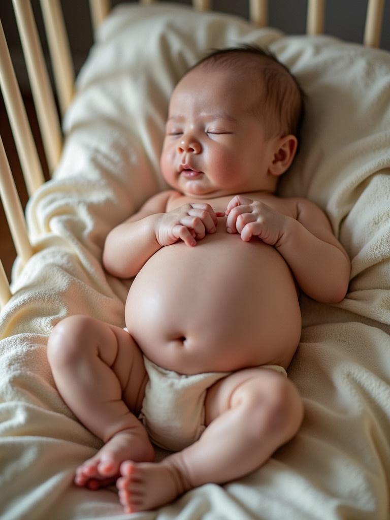 A baby peacefully lying in a crib. The baby has a very swollen belly. The setting is calm and soothing with natural elements. The crib is made of wood and has a soft fabric underneath the baby. Gentle lighting enhances the soft features of the baby.