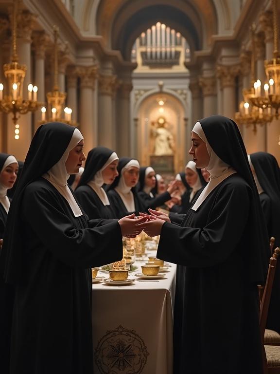 Nuns gathering for a conclave in a historically significant chapel. They are engaged in communication and sharing. A table is set for a meeting, with cups and plates. The atmosphere is religious and solemn.