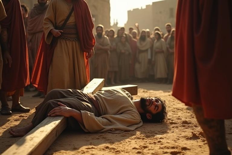 Jesus collapses under the wooden cross. Roman guards stand over him. A crowd watches silently. Tension fills the air. Wailing of his mother echoes down the streets.