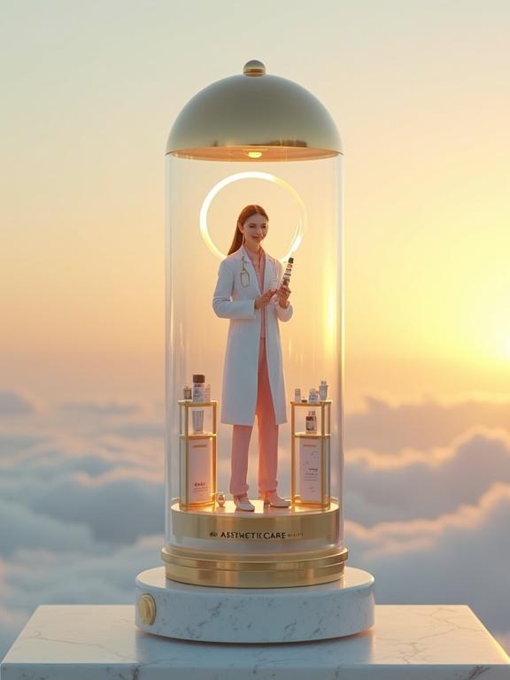 A large glass gashapon capsule is floating in a soft cloudy sky. It is filled with a diorama of a woman in a white medical coat holding a syringe. The capsule features a mini clinic with skincare products and ring-light illumination. The base is white marble. The scene is illuminated by the golden hour light, showing reflections and textures.
