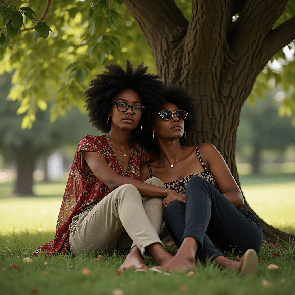 Two people sit together under a tree, enjoying a tranquil moment in an outdoor setting.