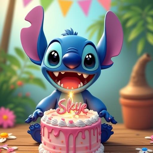 Happy Stitch character celebrating a birthday. Colorful cake with name Skye. Tropical flowers and party decorations in the background. Cheerful and playful vibe for a child's celebration.