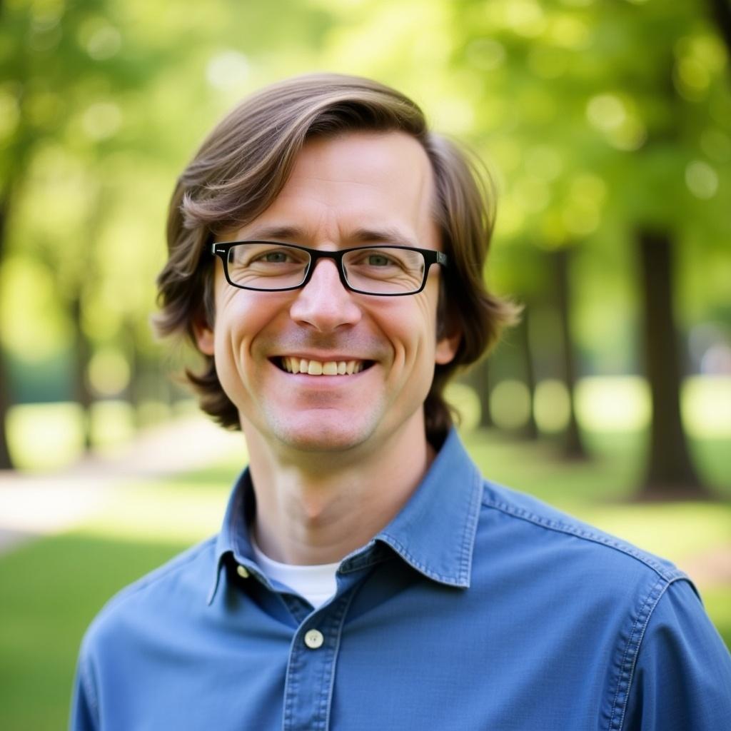 Portrait of a man with glasses. He smiles gently. He has wavy hair. The background is grassy and green.