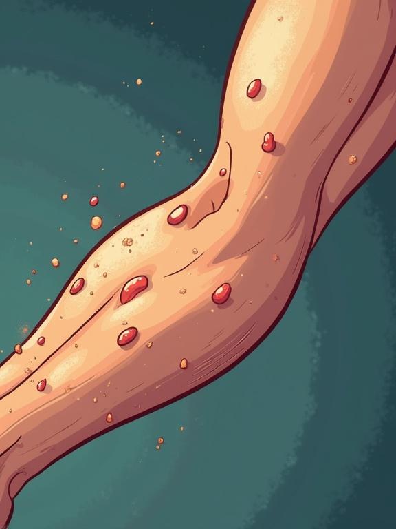 Zoomed-in view of a cartoon arm showing goosebumps. Animated crawling effect is visible. Arm has soft shadows. The illustration has a comic style and is expressive.