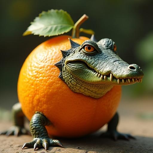 A hyper-realistic creature combines a ripe orange and a crocodile. The body forms into an orange with textured peel and green leaf on top. A detailed crocodile head with sharp teeth and green skin emerges from the side. Four crocodile legs are positioned under the orange body. The scene is warm and natural against a soft background.
