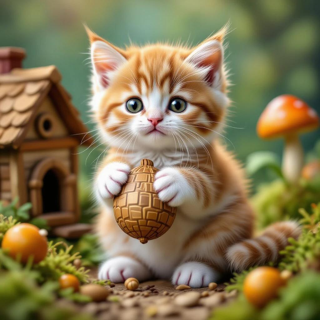 A fluffy orange kitten holds a brown nut surrounded by a miniature wooden house and orange spheres. Green grass and tiny insect models decorate the scene. The soft background features blurred white flowers and a light gray wall. The overall tone is soothing and healing with pastel colors.