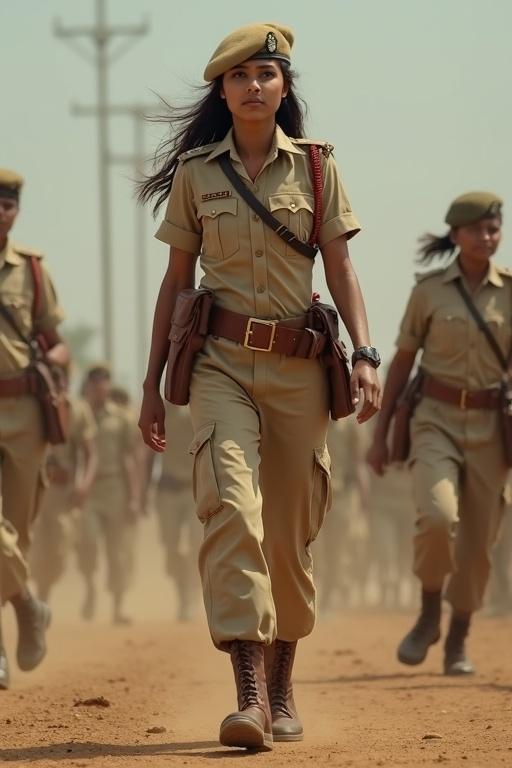 A powerful Indian female police officer walks confidently. She wears a crisp khaki uniform with sturdy brown boots. A group of officers marches in the background. Strong female presence is conveyed. The atmosphere is dusty highlighting a sense of duty.