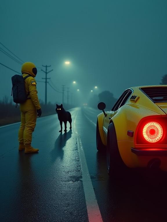 Cinematic cyberpunk night scene on deserted highway. Retro-futuristic yellow sports car in the right lane. Circular red taillights glow on rain-damp asphalt. Distant city lights blur on the horizon against dark silhouettes of telephone poles. An astronaut in a high-tech spacesuit stands on the roadside. A black wolf with luminous eyes approaches. Intimate reunion between companions.
