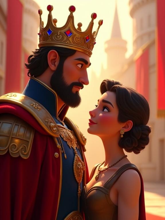 A strong noble king stands beside a queen in a glowing courtyard. King has warm brown skin with a short curly beard. Him wears navy and gold armor with a red velvet cloak. A golden crown with red and blue stones rests on his head. Emotional eyes look proudly at Whiskers. A subtle tear glistens. Background features castle turrets and fluttering banners.
