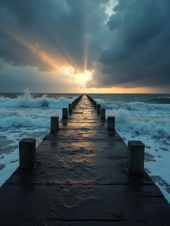 Dramatic seaside scene at dusk with a sturdy wooden pier extending into turbulent waves. The sky is filled with ominous dark clouds illuminated by golden light. Lighting contrasts highlight the weathered wood and foamy surf. A low viewpoint focuses on waves crashing against the pier. Image captures raw power of nature evoking awe and foreboding. Style merges realism with painterly quality in an intense and dynamic mood.