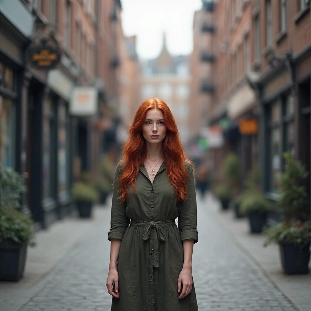 Tall woman with long red hair in green dress stands in a narrow alleyway between brick buildings