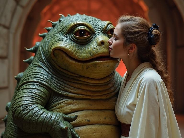 A fantastical scene depicting a humanoid woman and a large green creature. The woman leans in for a kiss with the creature in a warm, soft-lit setting. The character design resembles famous sci-fi figures.