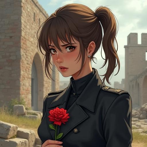 Character with brown ponytail in combat uniform. Holding red flower. Sad expression. Ruins of French town in background. Latest illustration.