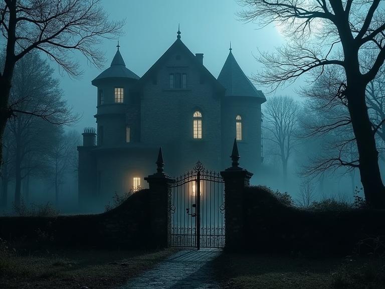 A gothic mansion at the edge of a dark forest. It is decayed and shrouded in mist. Windows glow faintly in moonlight. Ivy creeps up the stone walls. A wrought iron gate is ajar. Shadows stretch long. The atmosphere is eerie and charged with tension.