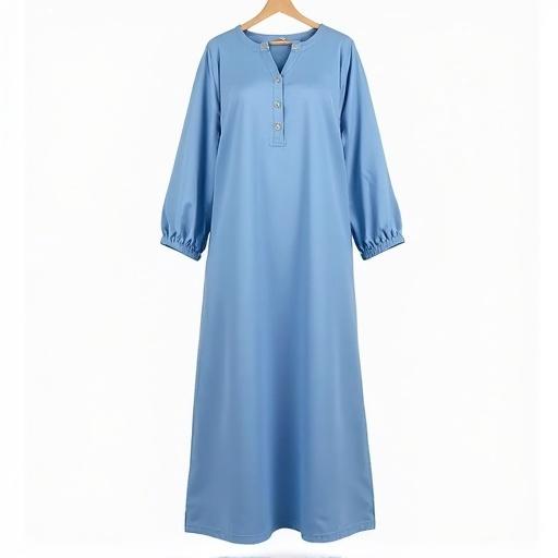 Plain blue shalwar kameez for women. Clothing is plain with no embroidery. Background is white. The view is panned out.