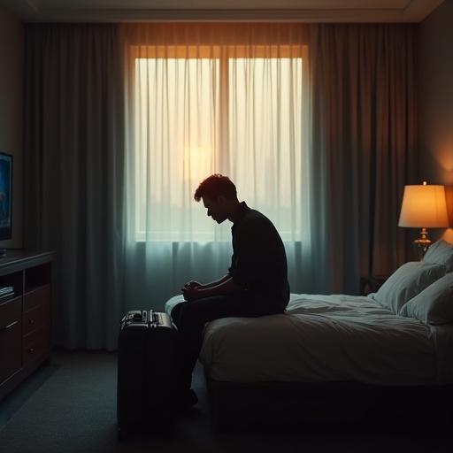 Realistic image of heartbroken man sitting on edge of bed in dim hotel room. Man staring at floor with suitcase beside him. Background with ghostly overlay of fiancée on another man's lap at bar. Scene has emotional cinematic glow from window. Bold text overlay: 'She Lied. I Took Everything.'