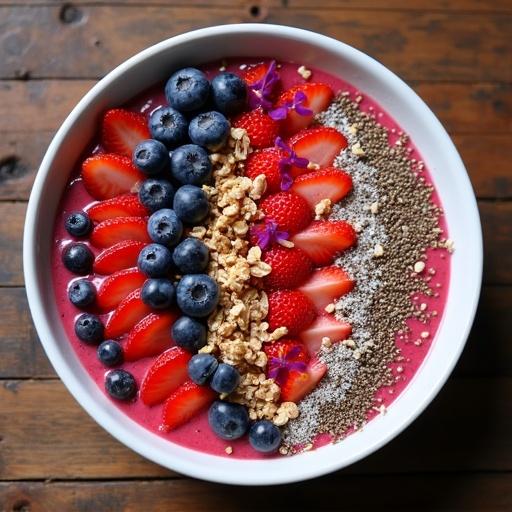 A vibrant smoothie bowl topped with sliced strawberries blueberries chia seeds granola and edible flowers arranged in an artful spiral. Shot from above on rustic wooden table with bright natural light. Features vibrant color harmony fresh texture pop and photorealistic detail.