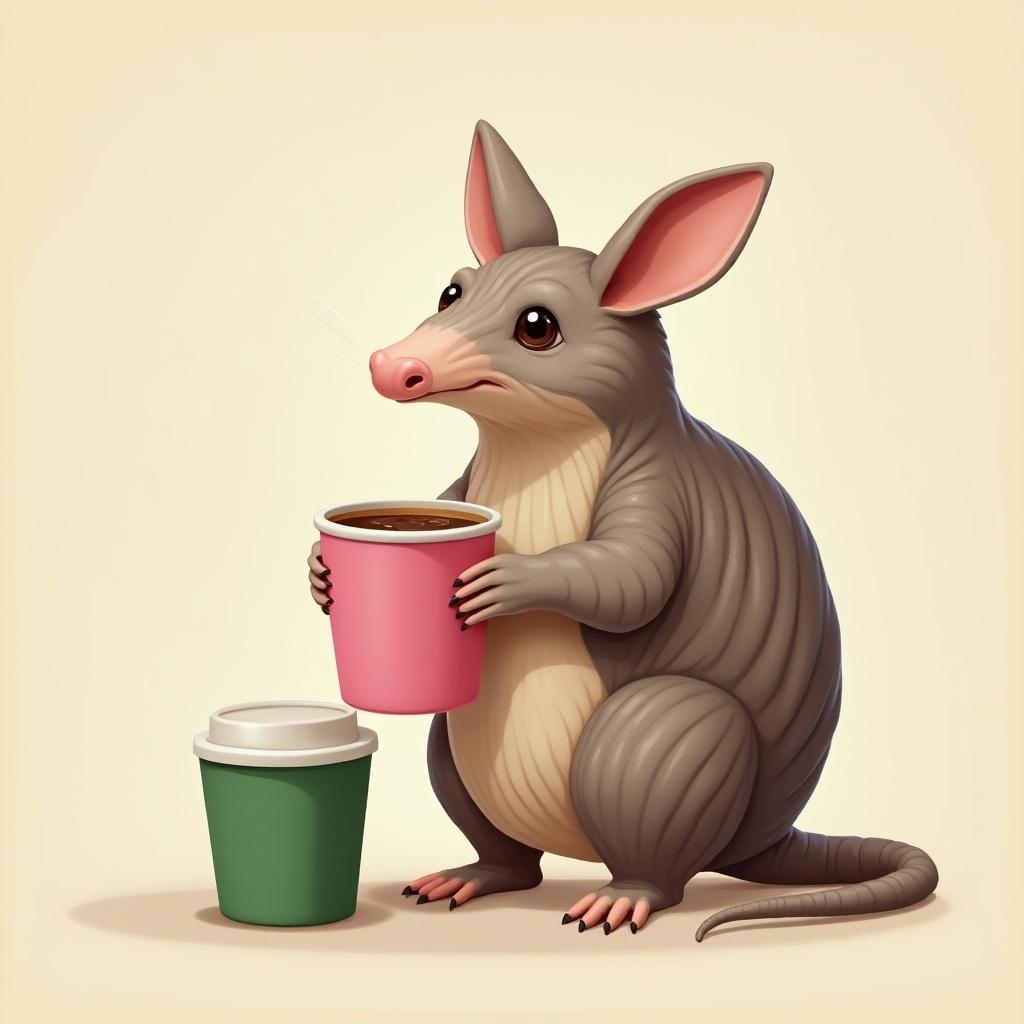 No background illustration of an armadillo holding a pink coffee cup. Smaller armadillo holding a green coffee cup. Cute and whimsical style.