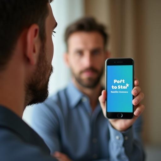 A man shows a surprised and impressed expression. An insurance agent holds a mobile phone that displays the text Port to Star Health Insurance. The setting is indoors with warm lighting creating an authentic feel.