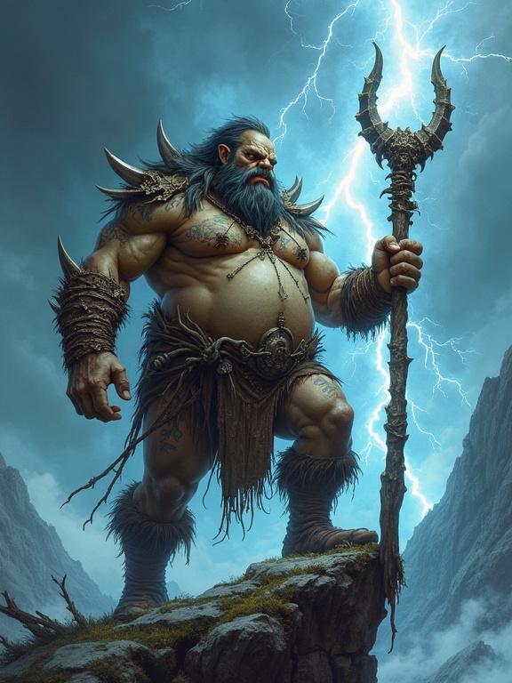 A huge orc shaman stands on a mountain peak. Orc has a big belly, tribal tattoos, and bone jewelry. Lightning crackles around him. A staff with ancient runes in his hand. The style combines classic fantasy with realism.