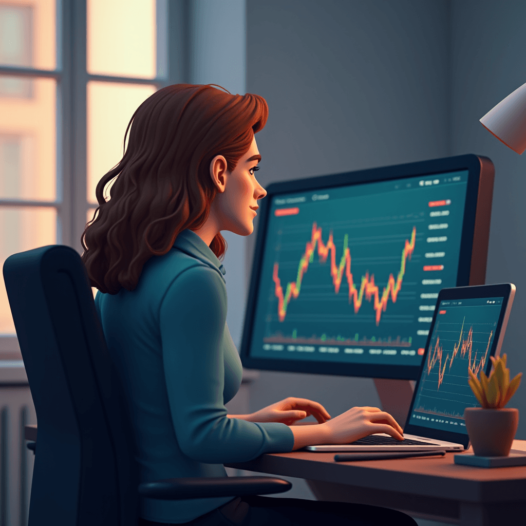 A person intently analyzes stock charts on a computer and laptop in a sunlit room.