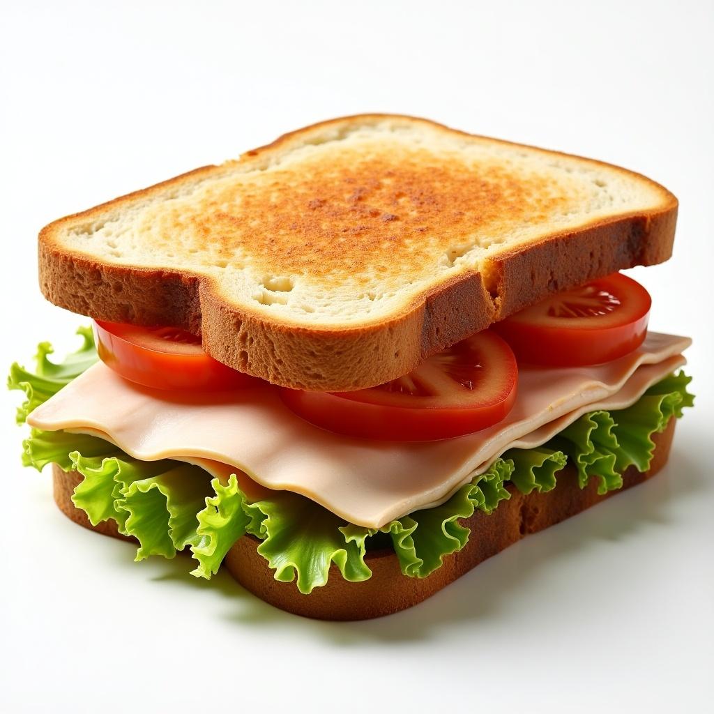 A sandwich with toasted bread. Contains sliced smoked turkey and cheese. Includes iceberg lettuce and tomato. Finished with mayonnaise.