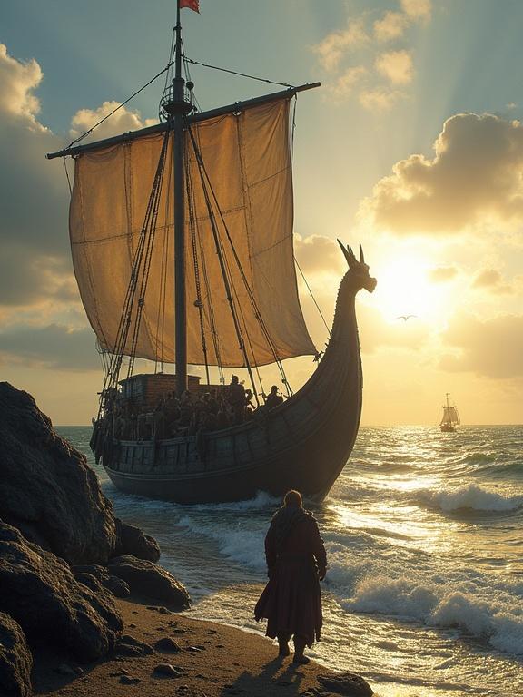 First-person perspective at the shore edge gripping a dragon-headed longship. Warriors loading supplies. Sun glistens on waves, seabirds call. Rough wood texture, salty breeze tousles hair, anticipation of raid thick in the air. Cinematic immersion.