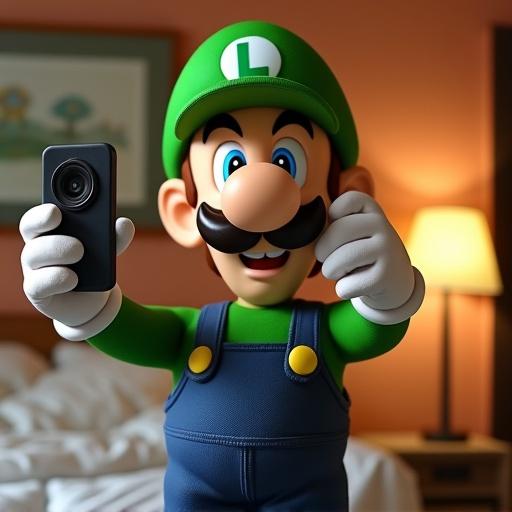 Luigi takes a selfie in a bedroom. The background includes a mirror showing details of a cozy room. Realistic style with soft lighting and character details.