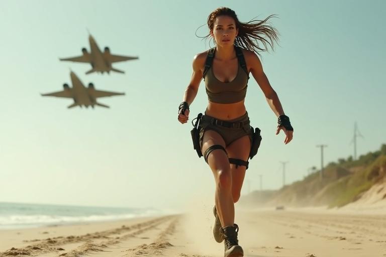 A female figure runs on an empty beach as fighter jets fly overhead. She wears a soaked dark brown crop top and tactical shorts. Her golden hair flies behind her. The scene captures a sense of urgency and danger.