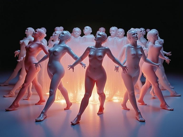Many anthropomorphic glass and crystal females in choreographed group pose on the floor. Wide open legs. Metallic luminescent with inner glow of different colors. Soft and vibrant colors.