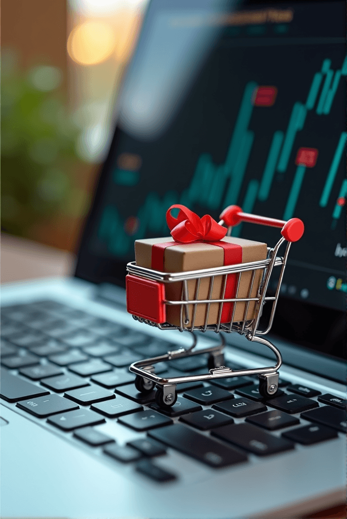 A small shopping cart with a gift box sits on a laptop keyboard, with stock market charts displayed on the screen.