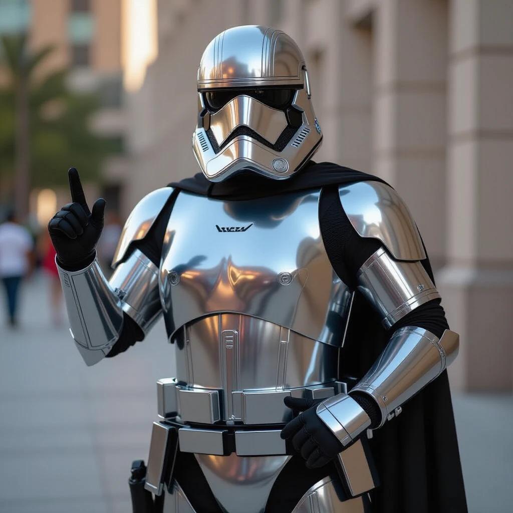 Character in shiny silver armor posing confidently. The character has a cape and a distinctive helmet. Background features a blurred crowd and building architecture.
