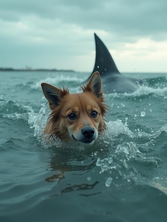 A realistic scene of a dog swimming in the sea. Dog appears scared and paddles quickly. In the background, a shark fin approaches in the water. Atmosphere is tense with dramatic lighting and waves. Camera captures dog’s panic closely.
