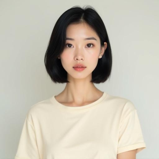 High resolution portrait of an Asian woman with chin-length hair styled in a sleek bob wearing a cream T-shirt. Image framed from head to chest with neutral expression and natural skin tone. Soft lighting highlights facial features.