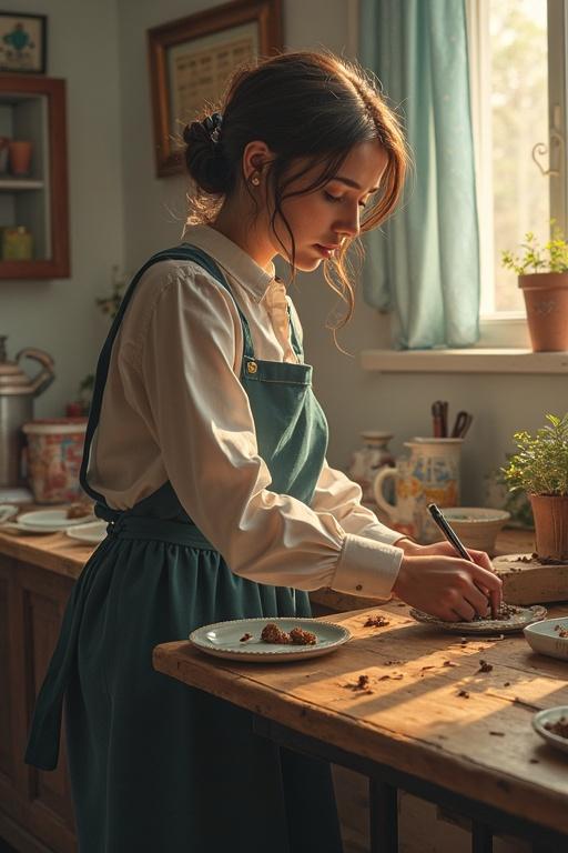 Young woman in turquoise apron writes in a kitchen. Natural light illuminates the space. Cozy atmosphere with dishes and plants around.