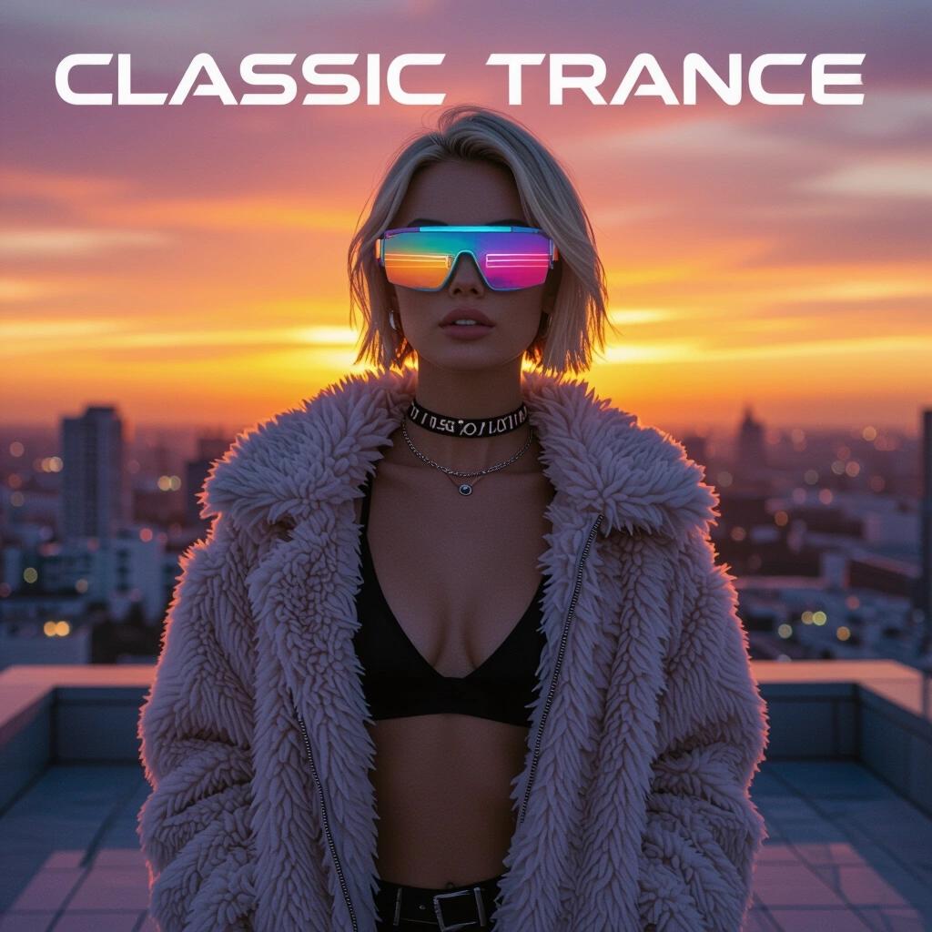 Album cover featuring sunset. A blonde woman with short hair and futuristic sunglasses wearing a fluffy jacket. Woman standing in silhouette against colorful sunset on rooftop.